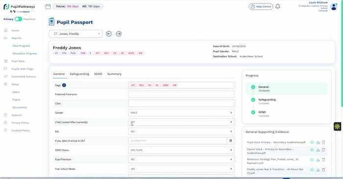 SixIntoSeven Pupil Passport profile showing SEND status, safeguarding, attendance and academic data
